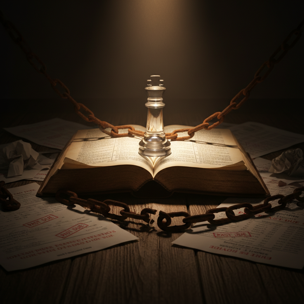 A sturdy, well-worn leather Bible lies open on a dark wooden table, surrounded by a chaotic scatter of realistic financial documents, past-due notices, and symbolic chains that appear to be mid-break. A transparent, glass-like chess king stands upright on the open pages, illuminated from above by a soft, focused beam of warm light, while the surrounding papers sink into deeper shadow to represent fear and failure without using words. The scene is photographed from a slightly elevated angle, tight composition centered on the king and the Bible’s texture, with shallow depth of field that blurs the background into a gentle glow. The mood is sober yet hopeful, visually grounding theological truth as the source of real spiritual and financial transformation.