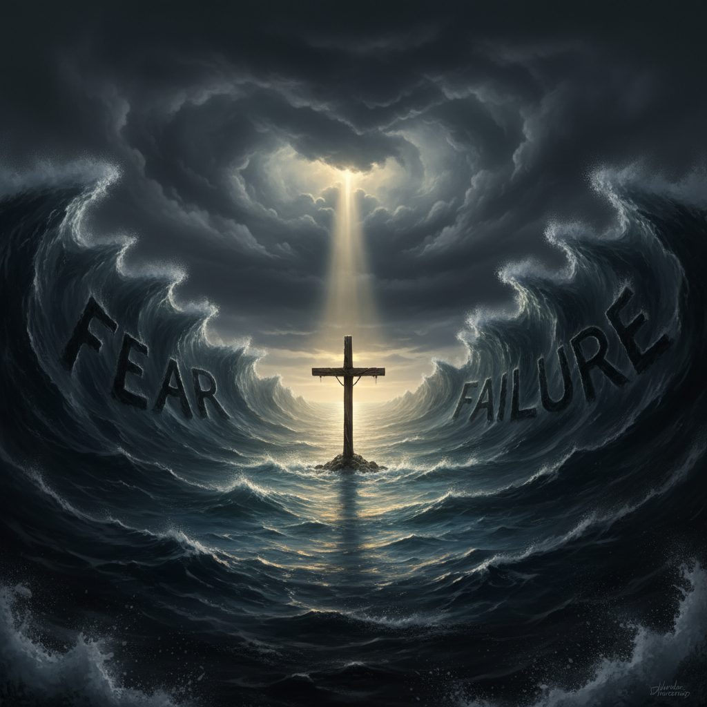 A stormy seascape viewed in photographic realism, where towering, dark waves form vague, shadowy shapes suggestive of the words fear and failure without readable text. In the center, a rugged wooden cross, firmly anchored to an unseen rock below the surface, stands unshaken as water crashes around it. From the cloudy sky above, a single, strong shaft of light breaks through, turning the water nearest the cross into a vivid, almost golden-blue pathway that leads toward calm, distant horizons. Captured from a low, slightly off-center angle with a wide lens, the image emphasizes drama and authenticity, showing that the way out is not easy or simplistic, yet clearly anchored in Christ alone amid overwhelming spiritual and financial turmoil.
