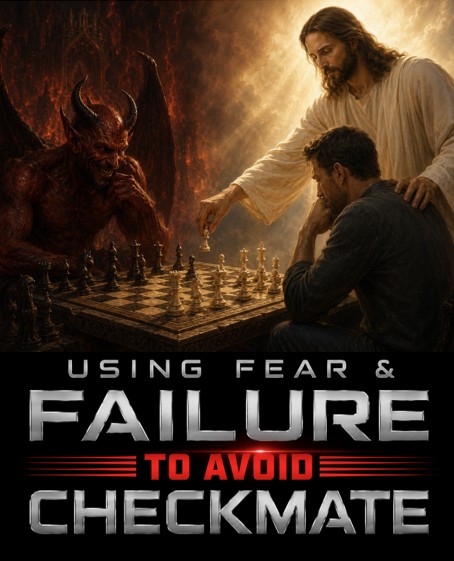 Illustration of Jesus moving a chess piece against the devil, with the words Using Fear and Failure to Avoid Checkmate